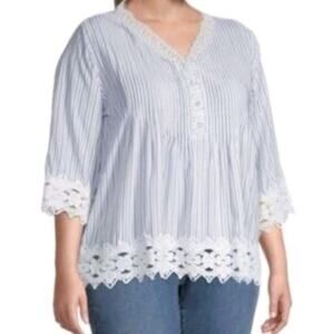 Not Available Chelsea & Theodore Blouse Womens 2X Blue White Striped Embroidered